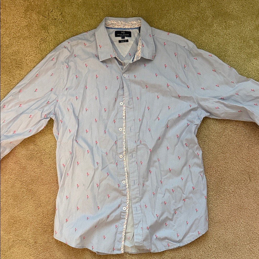 Michael Brandon Light Blue Flamingo Print Shirt